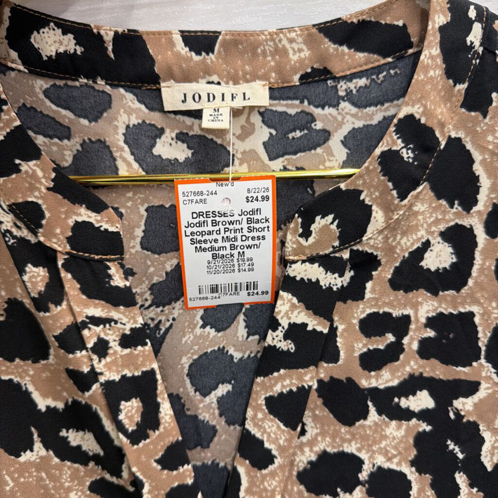 Jodifl Brown/ Black Leopard Print Short Sleeve Midi Dress Medium