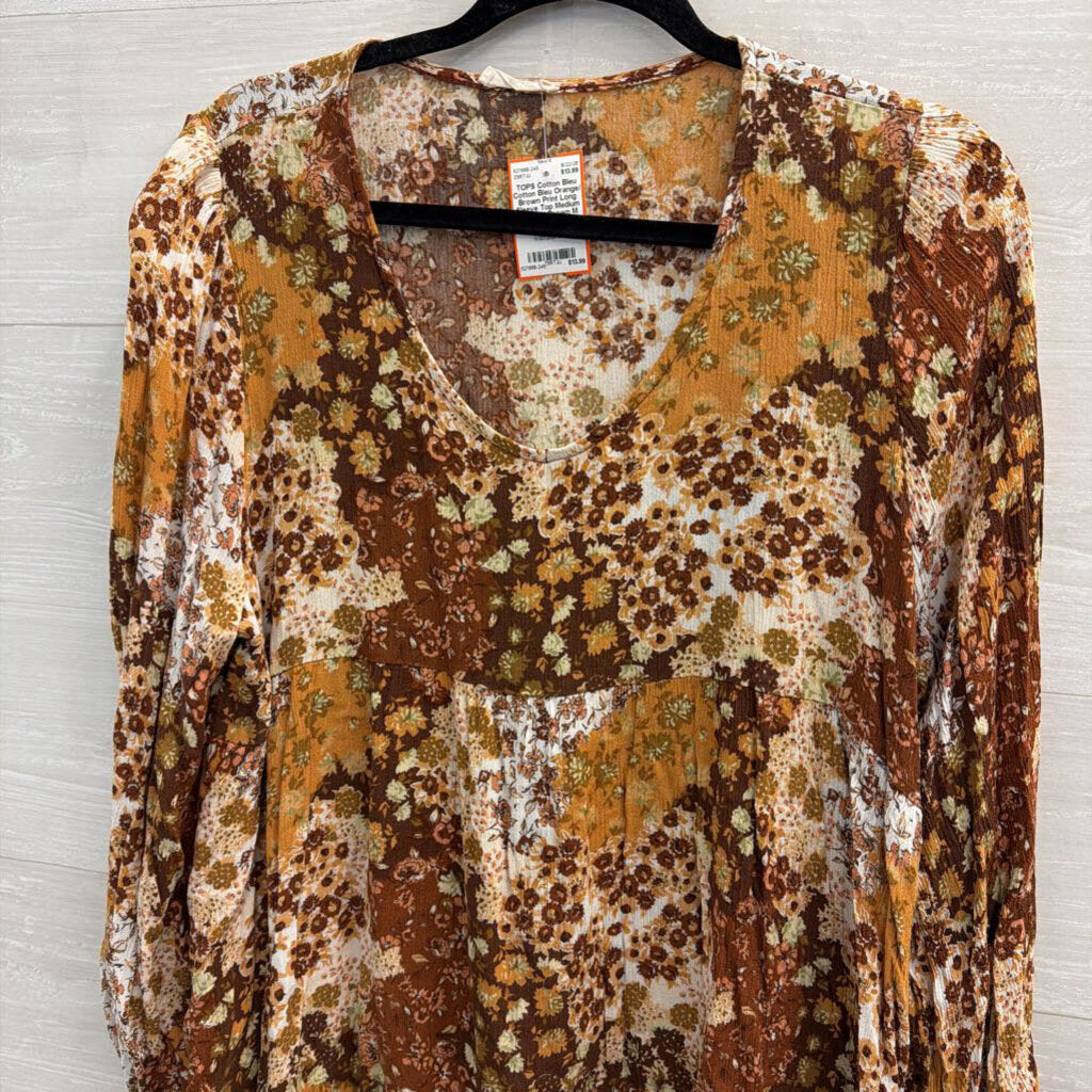 Cotton Bleu Orange/ Brown Print Long Sleeve Top Medium
