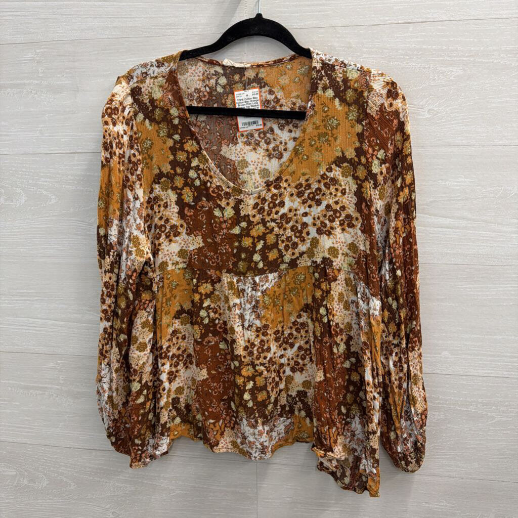 Cotton Bleu Orange/ Brown Print Long Sleeve Top Medium