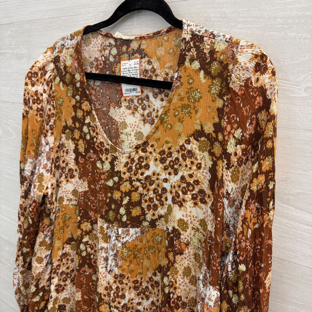 Cotton Bleu Orange/ Brown Print Long Sleeve Top Medium