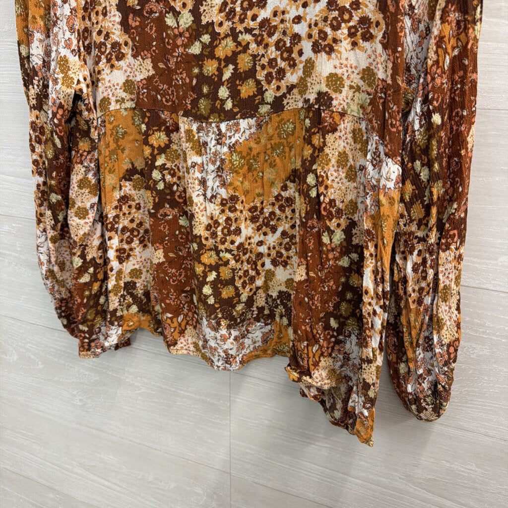 Cotton Bleu Orange/ Brown Print Long Sleeve Top Medium