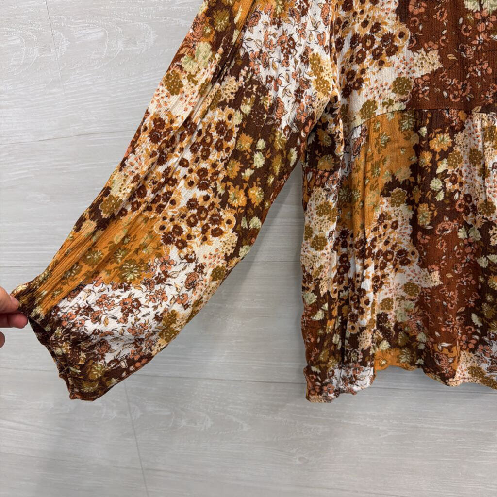 Cotton Bleu Orange/ Brown Print Long Sleeve Top Medium
