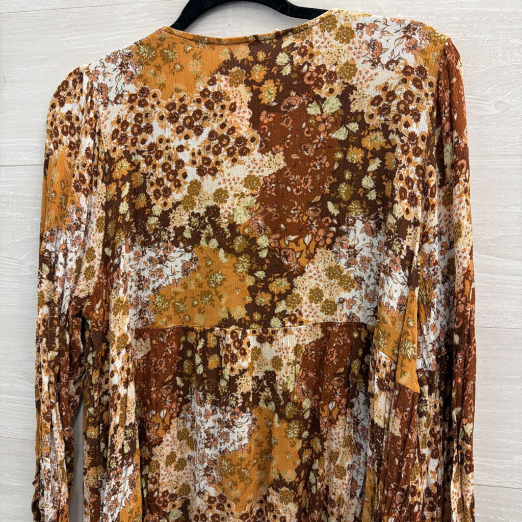 Cotton Bleu Orange/ Brown Print Long Sleeve Top Medium