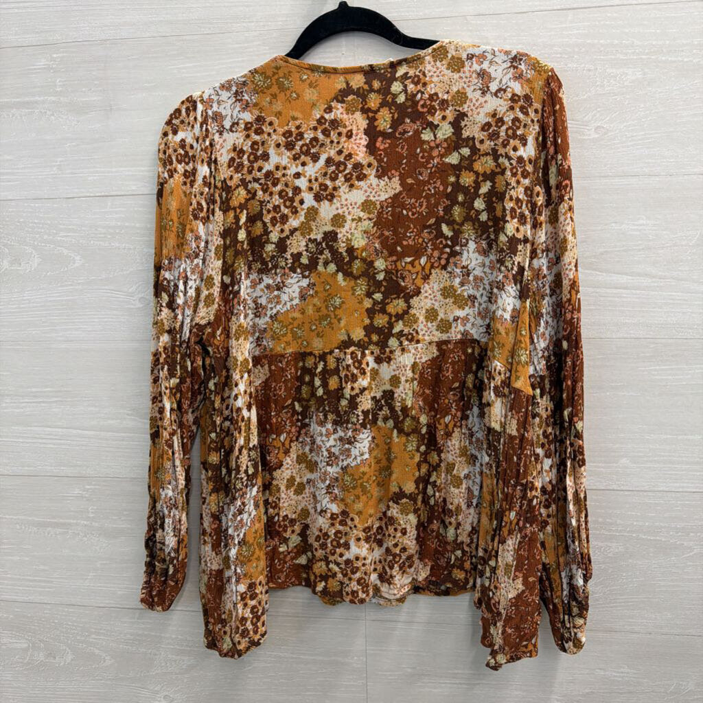 Cotton Bleu Orange/ Brown Print Long Sleeve Top Medium