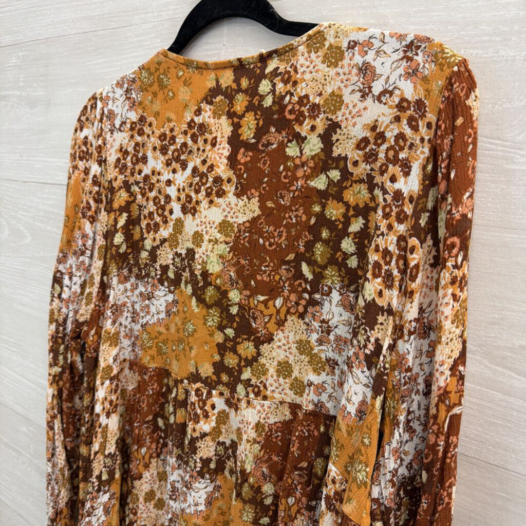 Cotton Bleu Orange/ Brown Print Long Sleeve Top Medium
