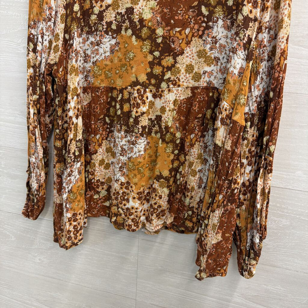 Cotton Bleu Orange/ Brown Print Long Sleeve Top Medium