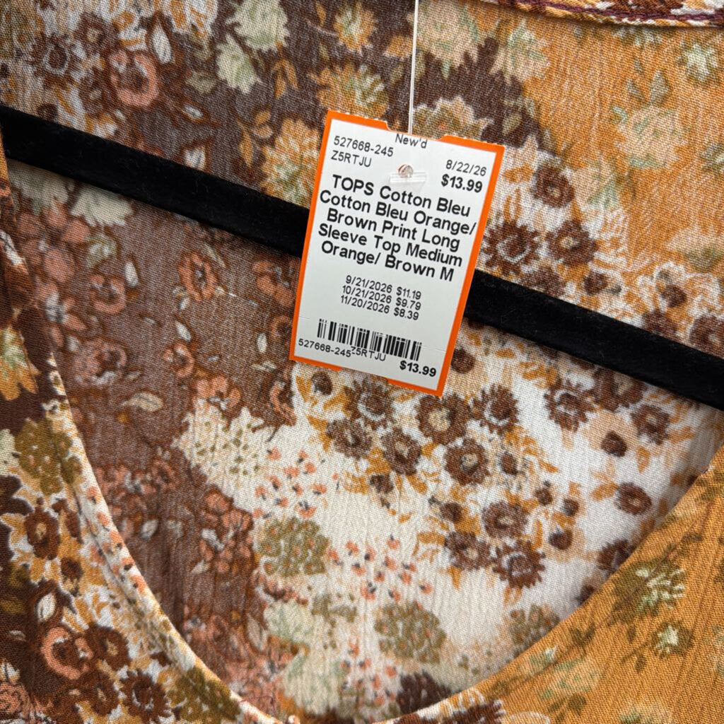 Cotton Bleu Orange/ Brown Print Long Sleeve Top Medium