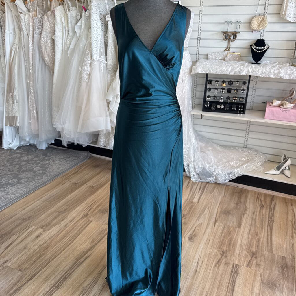 DB Studio Teal Silky V Neck Long Formal Dress 8