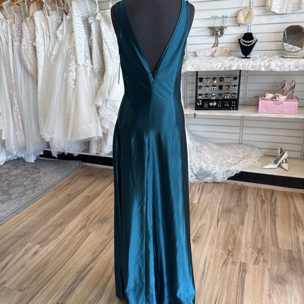 DB Studio Teal Silky V Neck Long Formal Dress 8