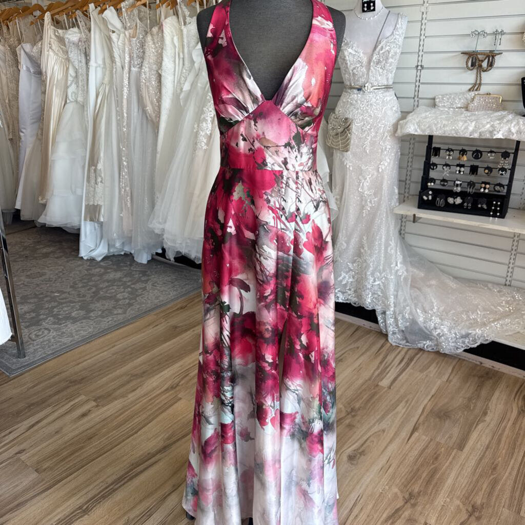 DB Studio Pink/ Multi Print Halter Neck Long Formal Dress 6