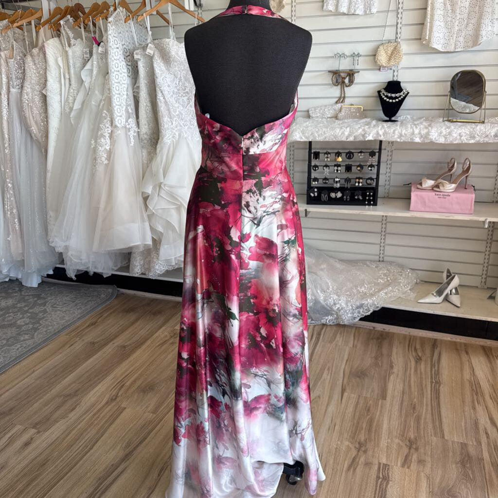 DB Studio Pink/ Multi Print Halter Neck Long Formal Dress 6