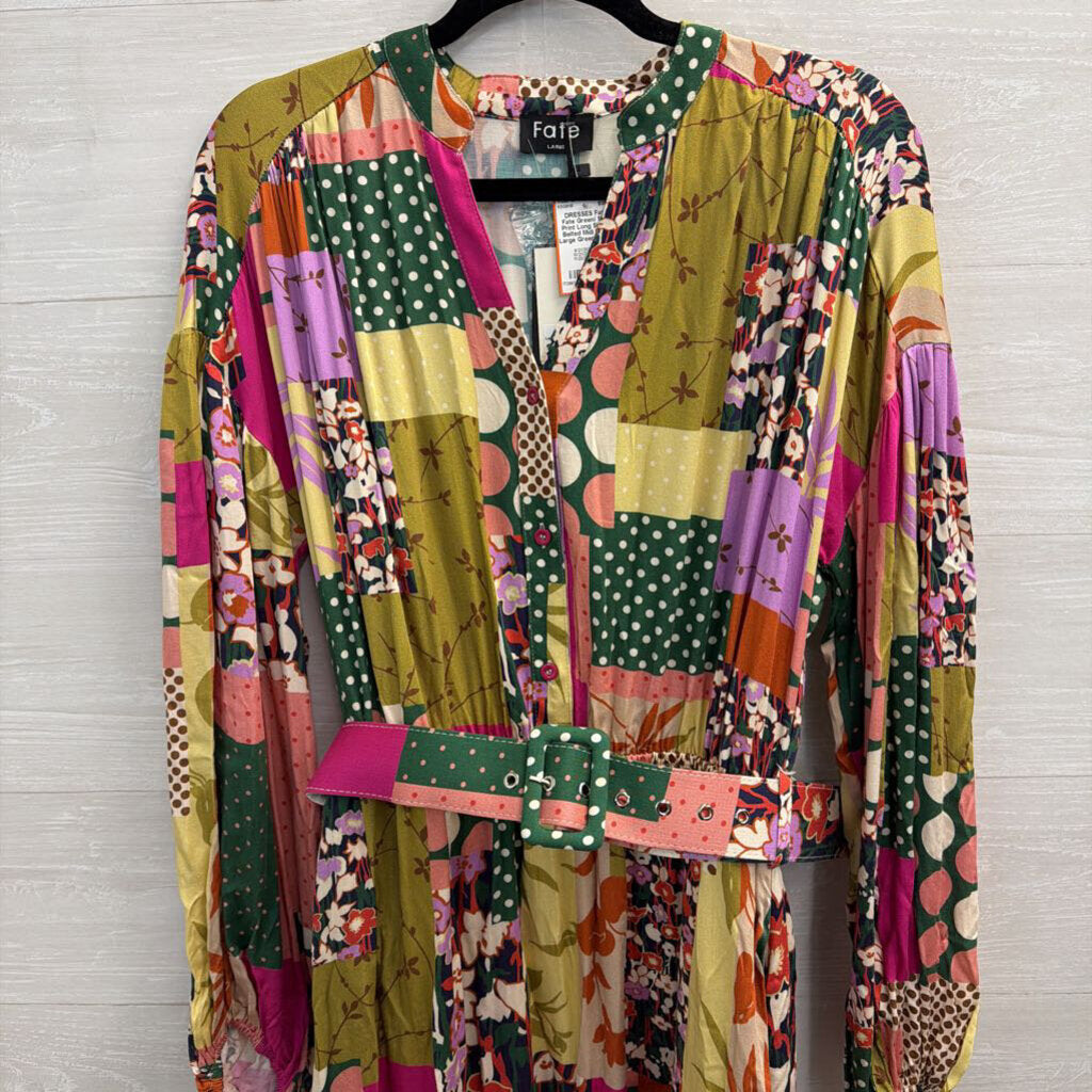 Fate Green/ Multi Print Long Sleeve Belted Midi Dress Large