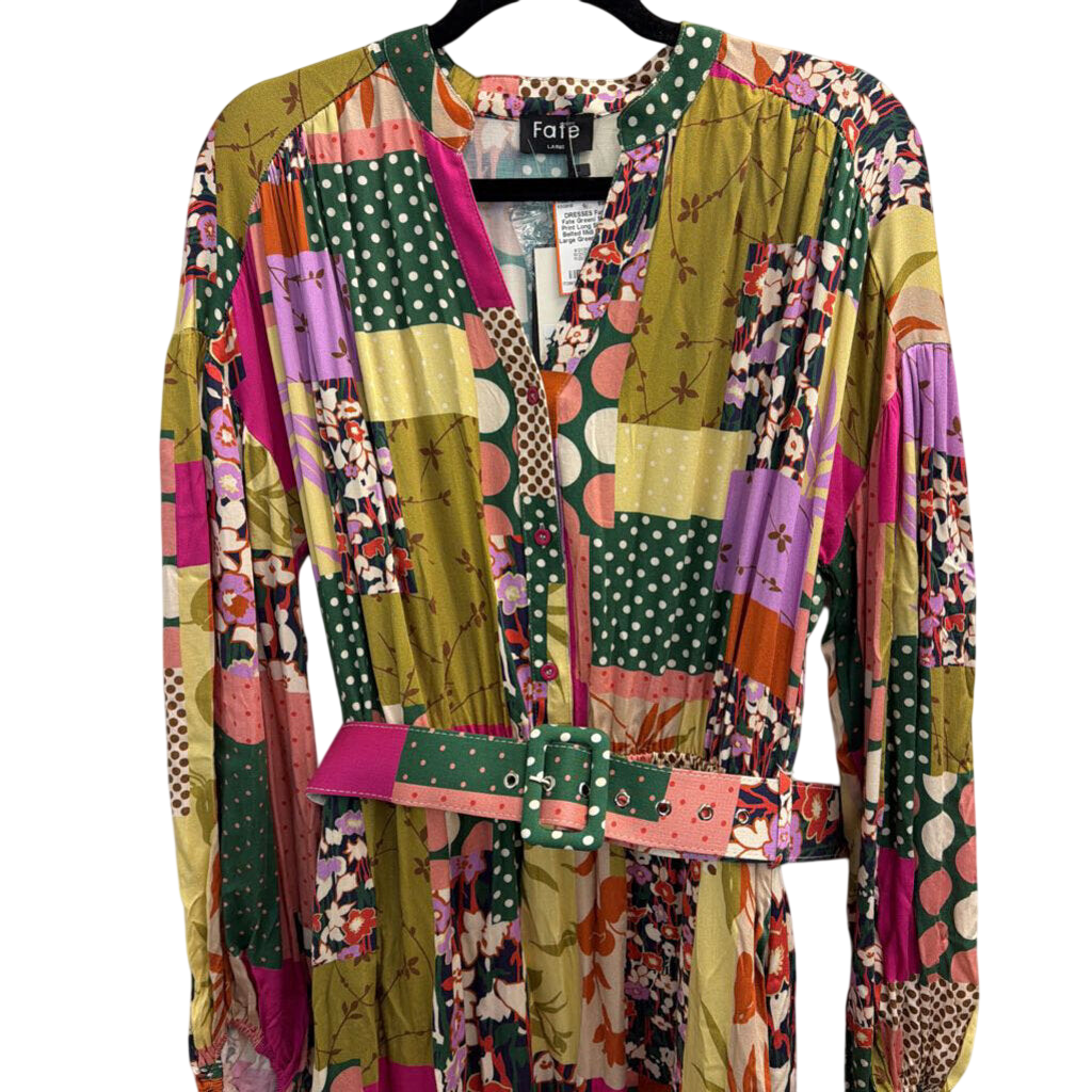Fate Green/ Multi Print Long Sleeve Belted Midi Dress Large