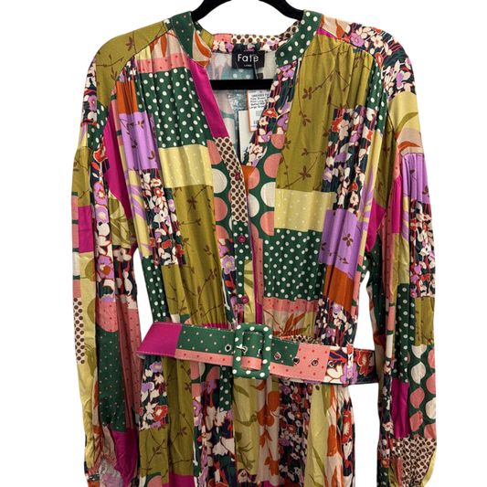 Fate Green/ Multi Print Long Sleeve Belted Midi Dress Large