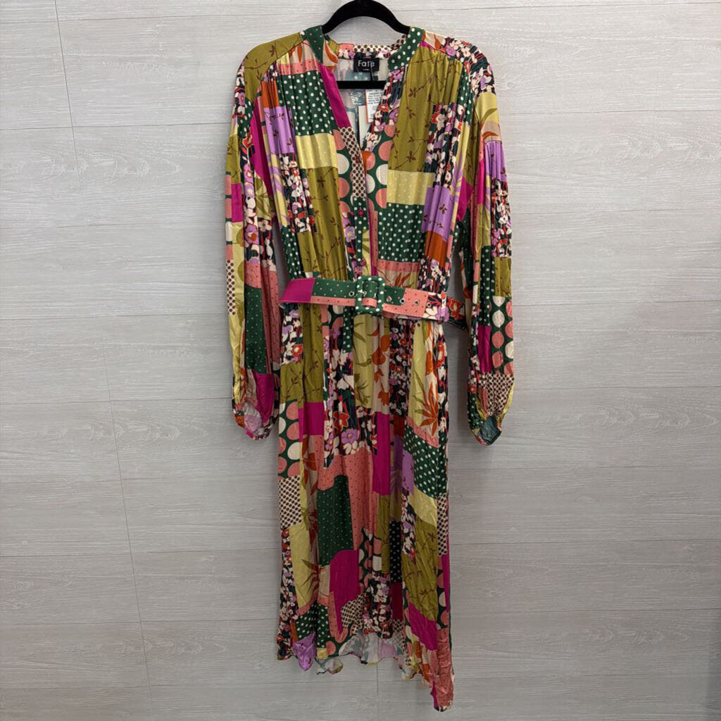 Fate Green/ Multi Print Long Sleeve Belted Midi Dress Large