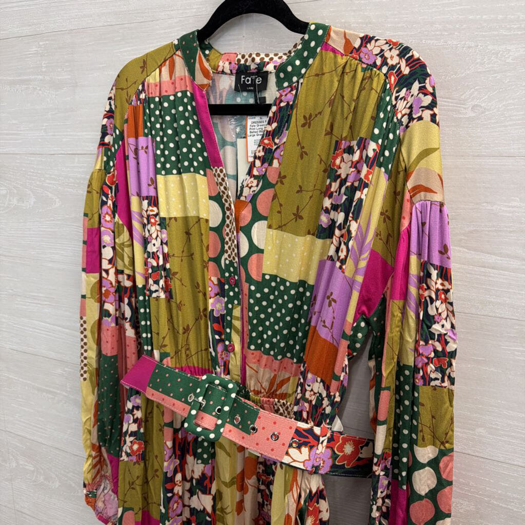 Fate Green/ Multi Print Long Sleeve Belted Midi Dress Large
