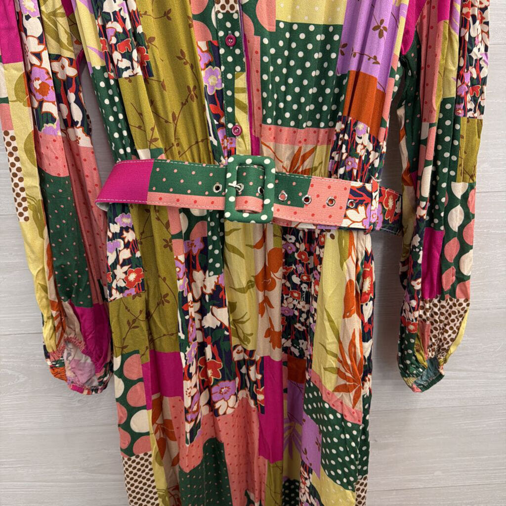 Fate Green/ Multi Print Long Sleeve Belted Midi Dress Large