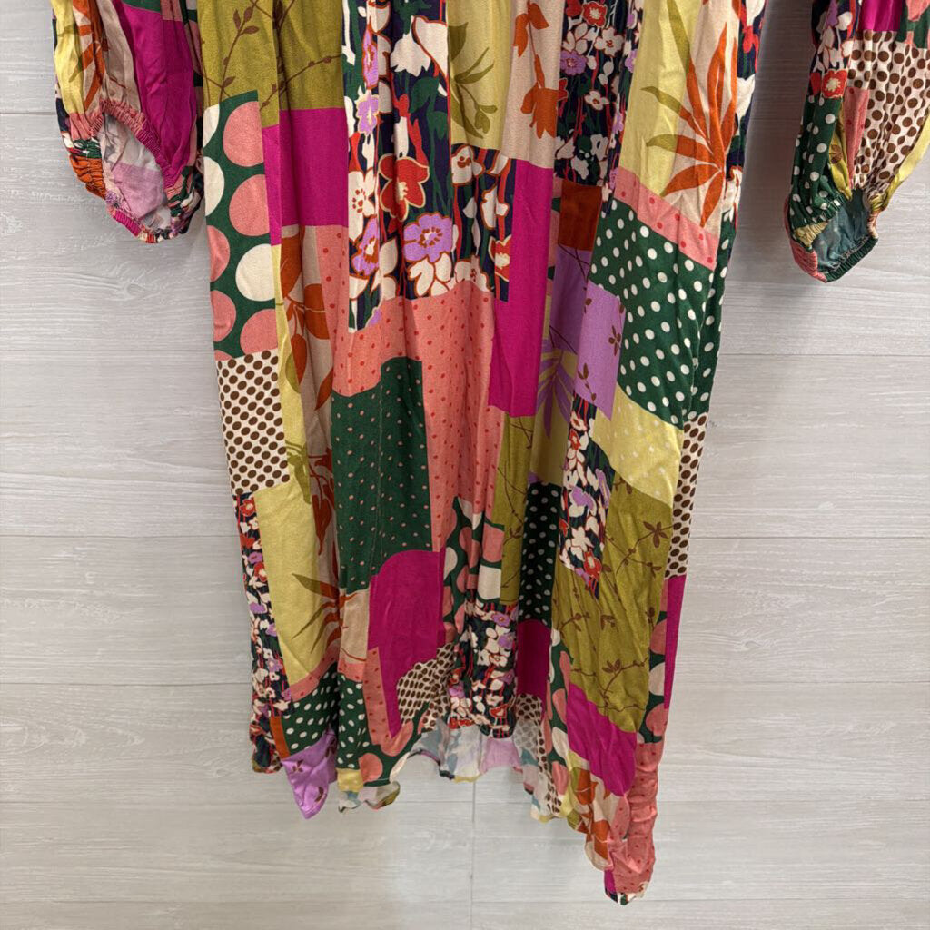 Fate Green/ Multi Print Long Sleeve Belted Midi Dress Large