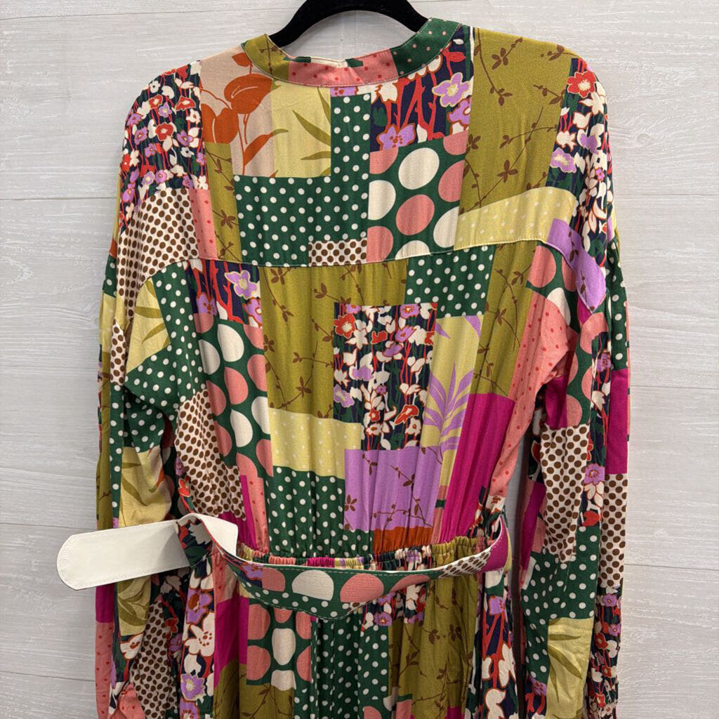 Fate Green/ Multi Print Long Sleeve Belted Midi Dress Large