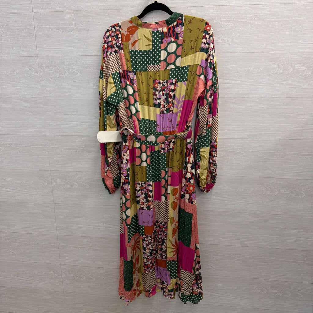 Fate Green/ Multi Print Long Sleeve Belted Midi Dress Large