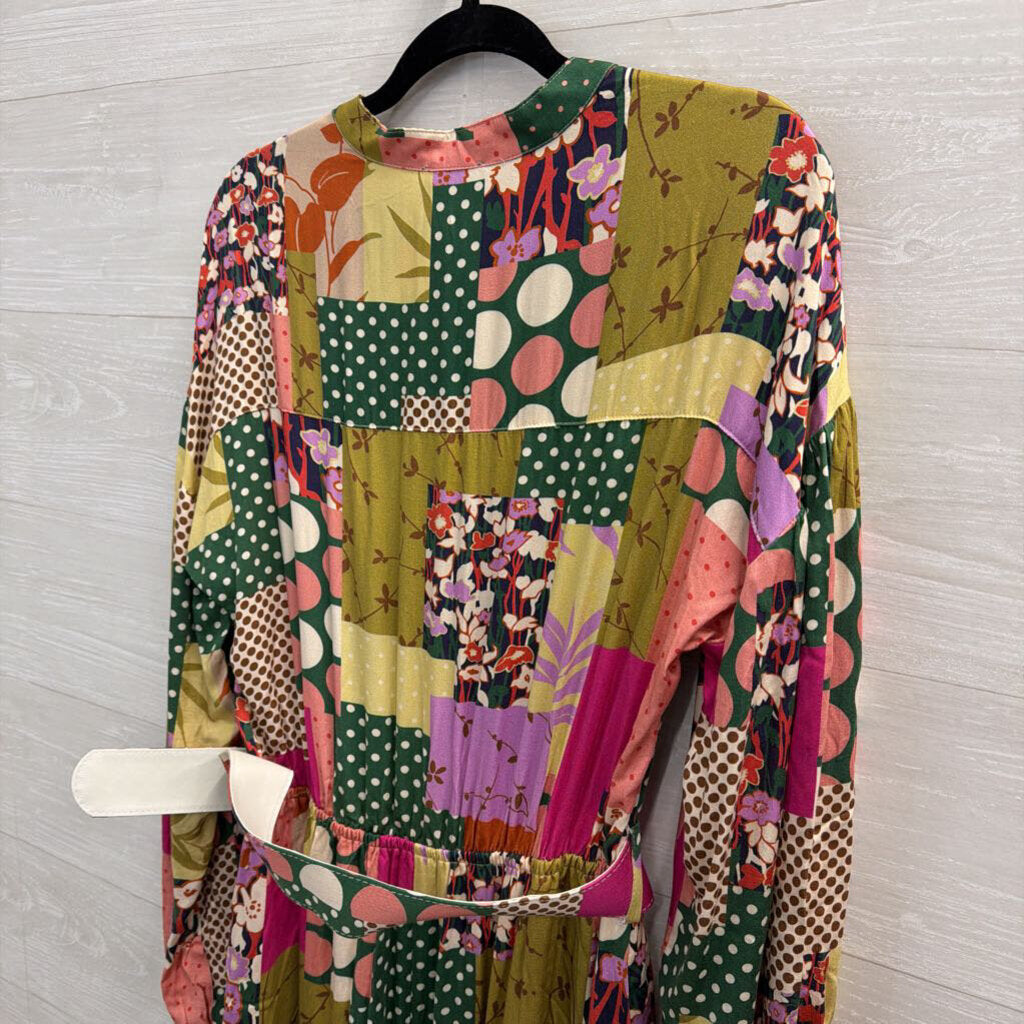 Fate Green/ Multi Print Long Sleeve Belted Midi Dress Large