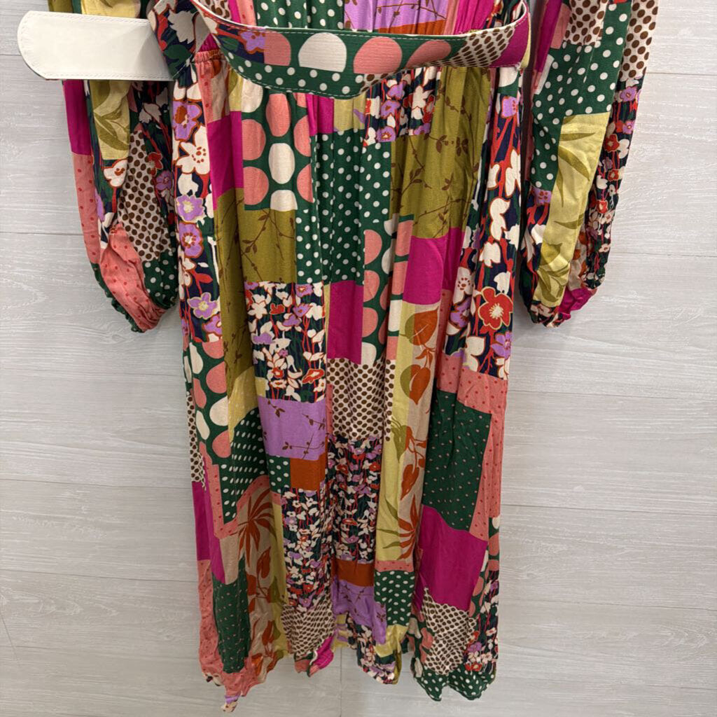 Fate Green/ Multi Print Long Sleeve Belted Midi Dress Large