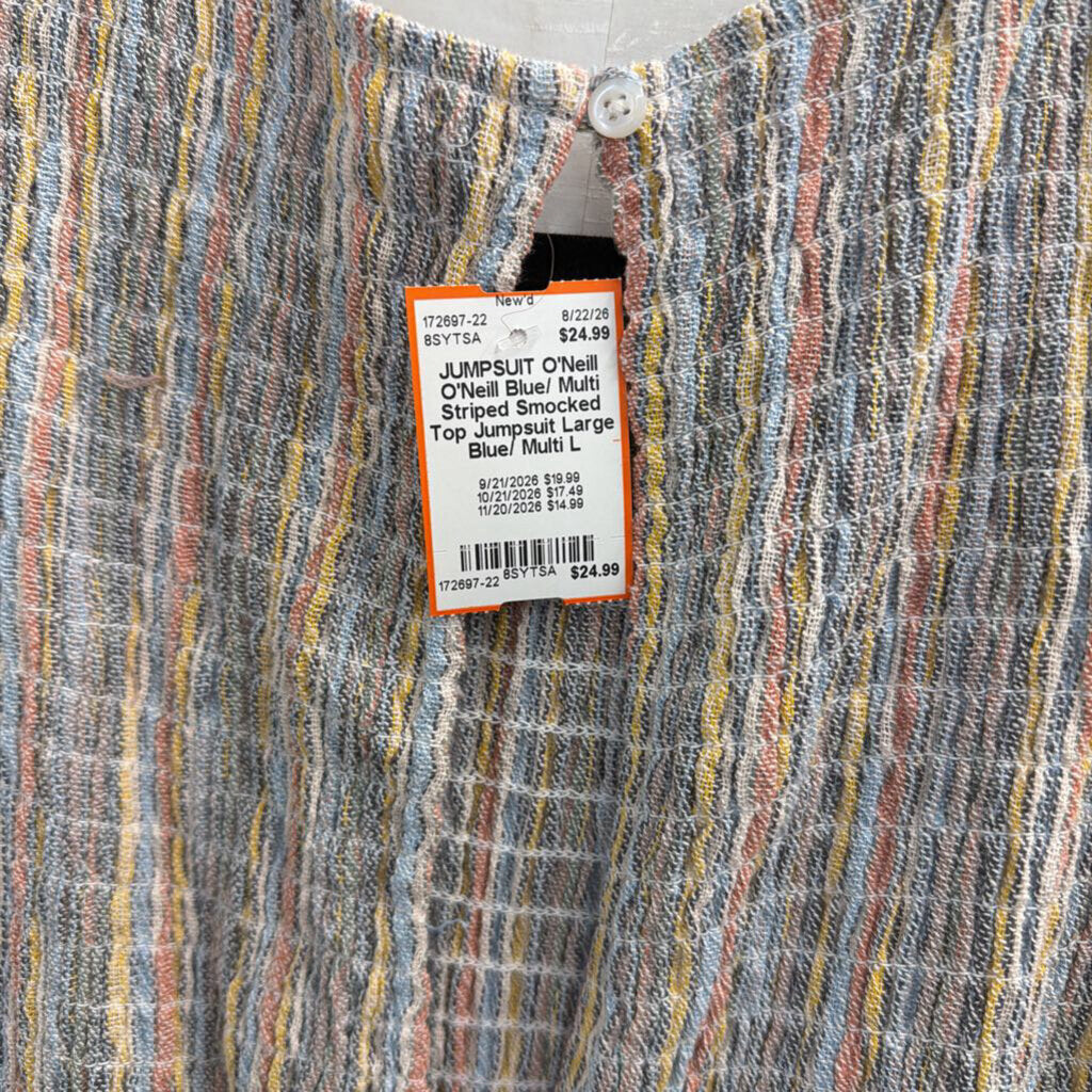 O'Neill Blue/ Multi Striped Smocked Top Jumpsuit Large