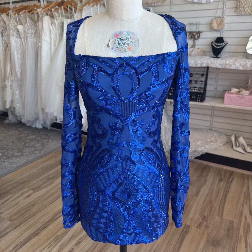 Lucy In The Sky Blue Sequin Print Long Sleeve Short Formal Dress Medium