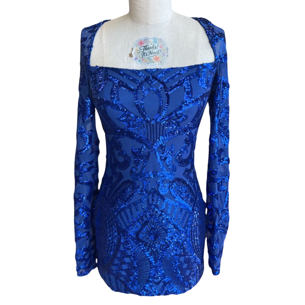 Lucy In The Sky Blue Sequin Print Long Sleeve Short Formal Dress Medium