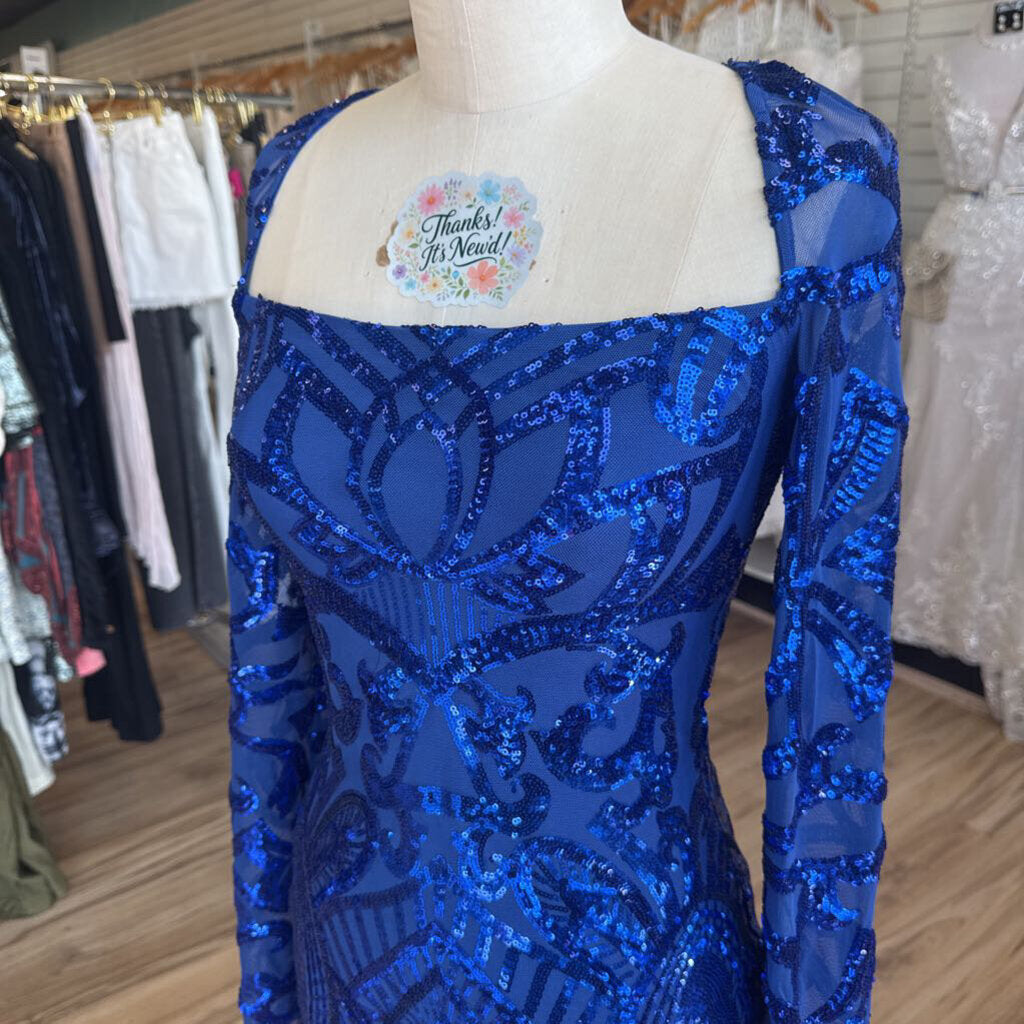 Lucy In The Sky Blue Sequin Print Long Sleeve Short Formal Dress Medium