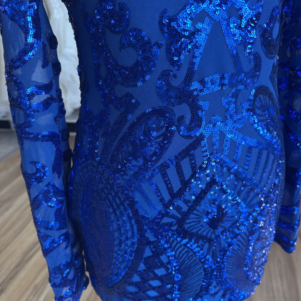 Lucy In The Sky Blue Sequin Print Long Sleeve Short Formal Dress Medium
