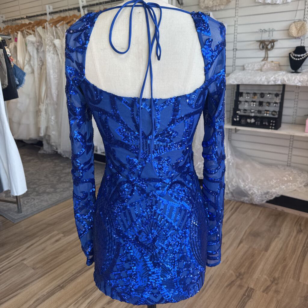Lucy In The Sky Blue Sequin Print Long Sleeve Short Formal Dress Medium