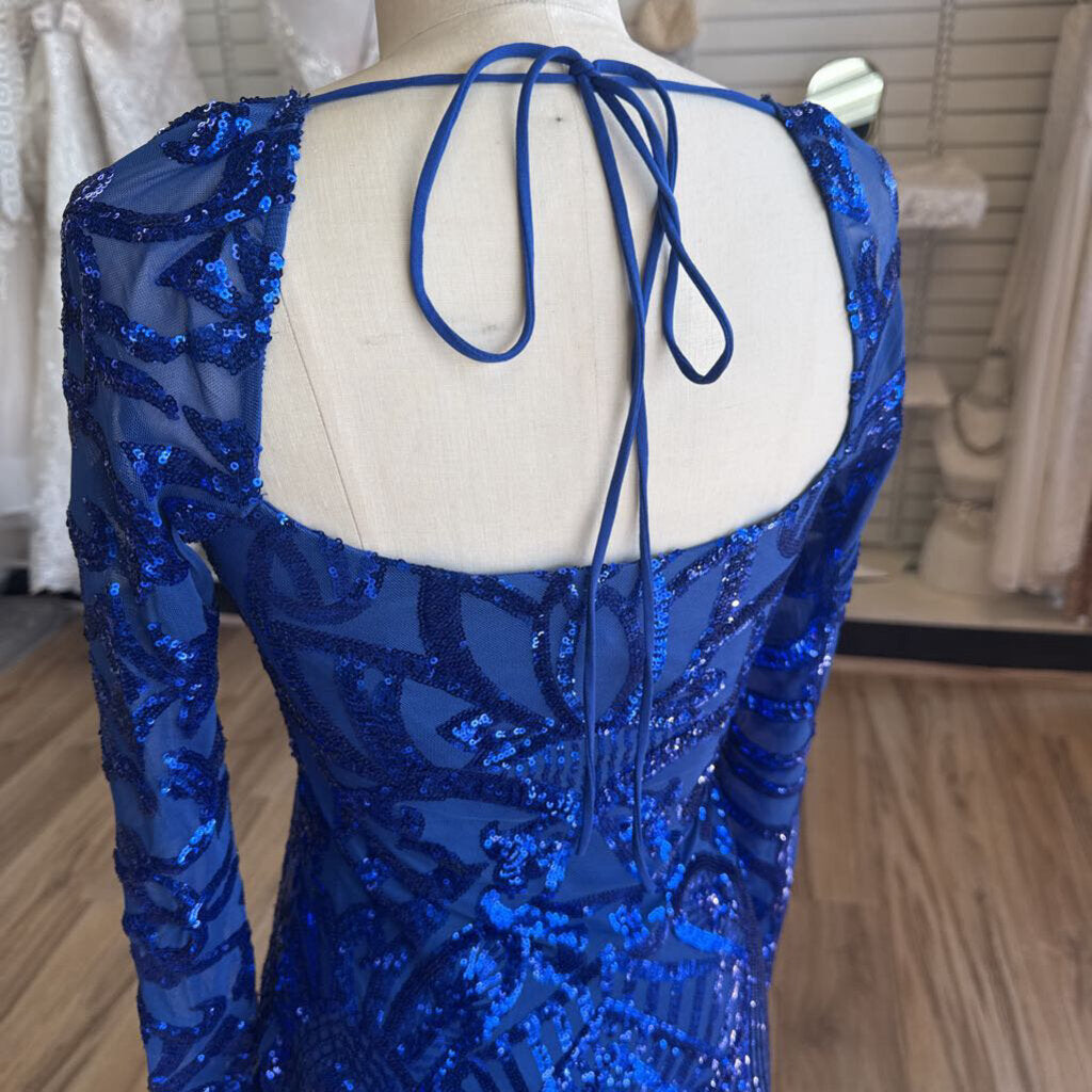 Lucy In The Sky Blue Sequin Print Long Sleeve Short Formal Dress Medium