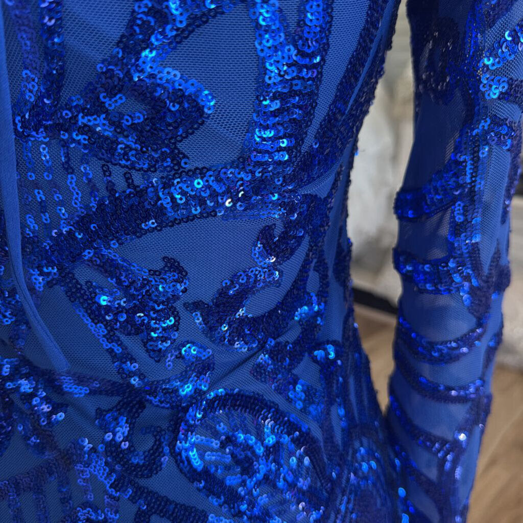 Lucy In The Sky Blue Sequin Print Long Sleeve Short Formal Dress Medium