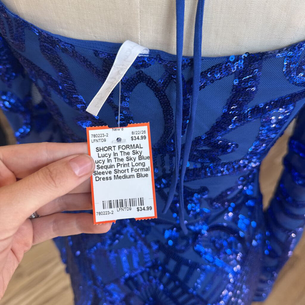Lucy In The Sky Blue Sequin Print Long Sleeve Short Formal Dress Medium