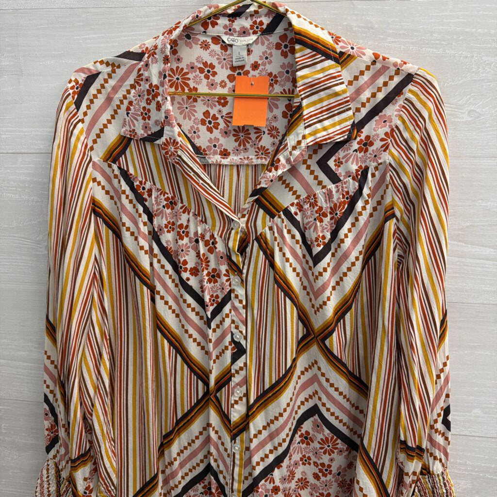 White/ Multi Print Long Sleeve Button Down Top Large