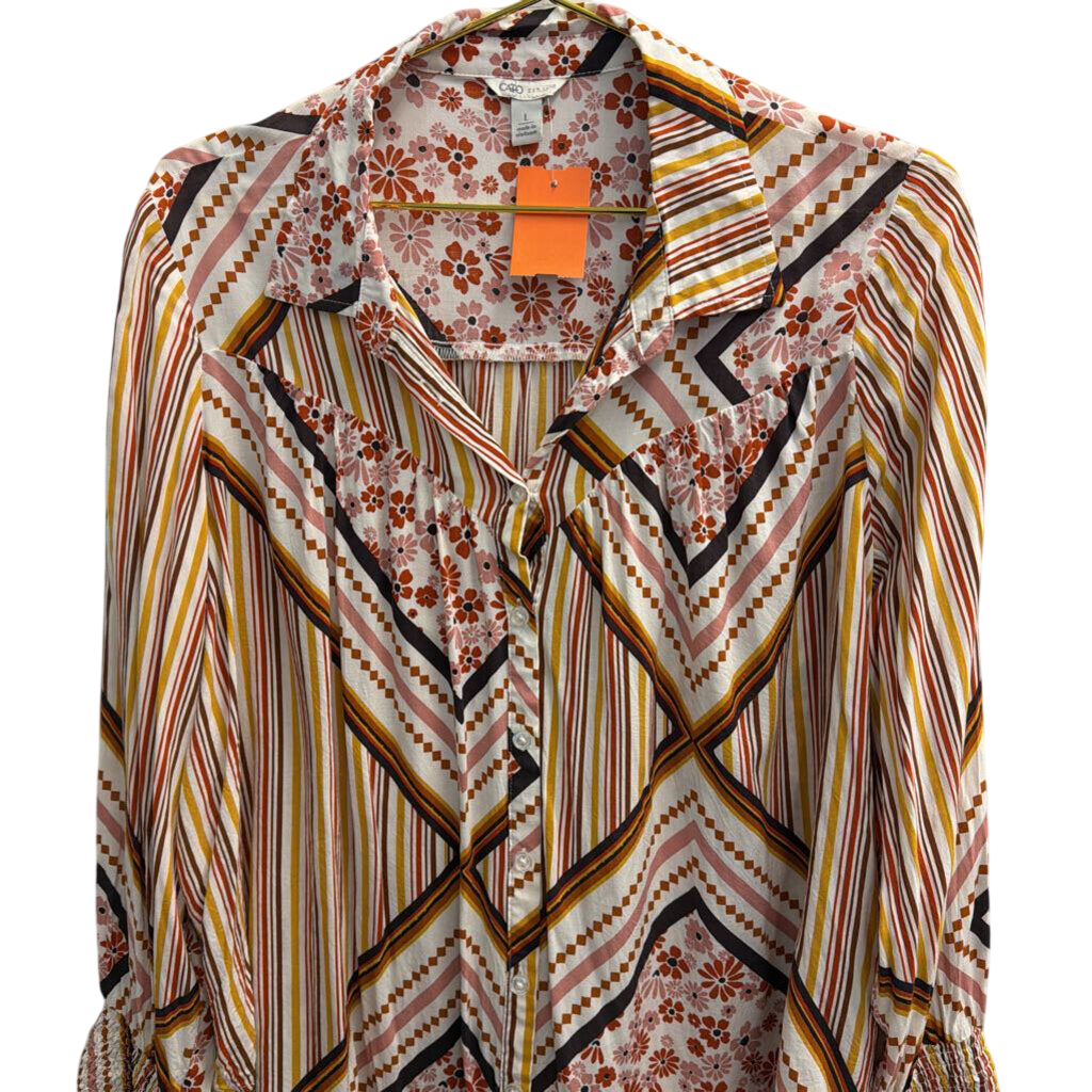 White/ Multi Print Long Sleeve Button Down Top Large