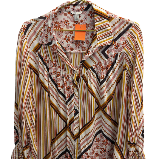 White/ Multi Print Long Sleeve Button Down Top Large