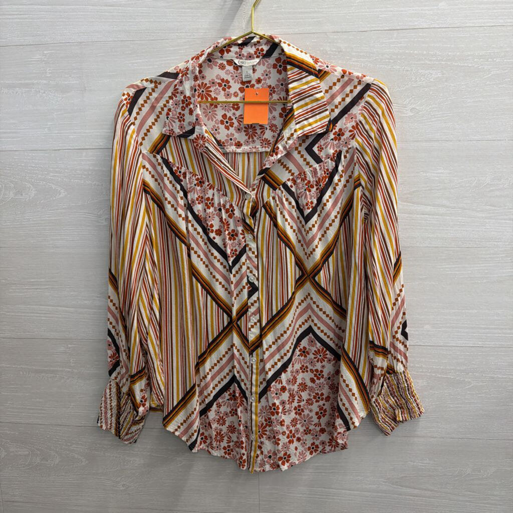 White/ Multi Print Long Sleeve Button Down Top Large