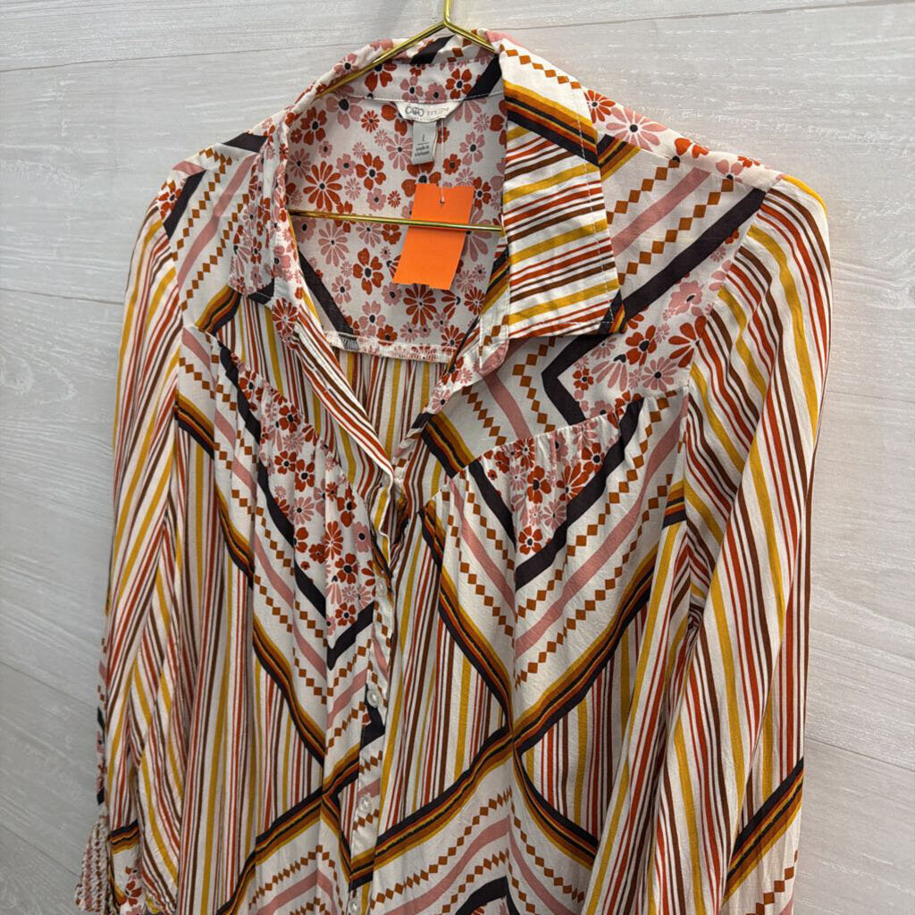 White/ Multi Print Long Sleeve Button Down Top Large