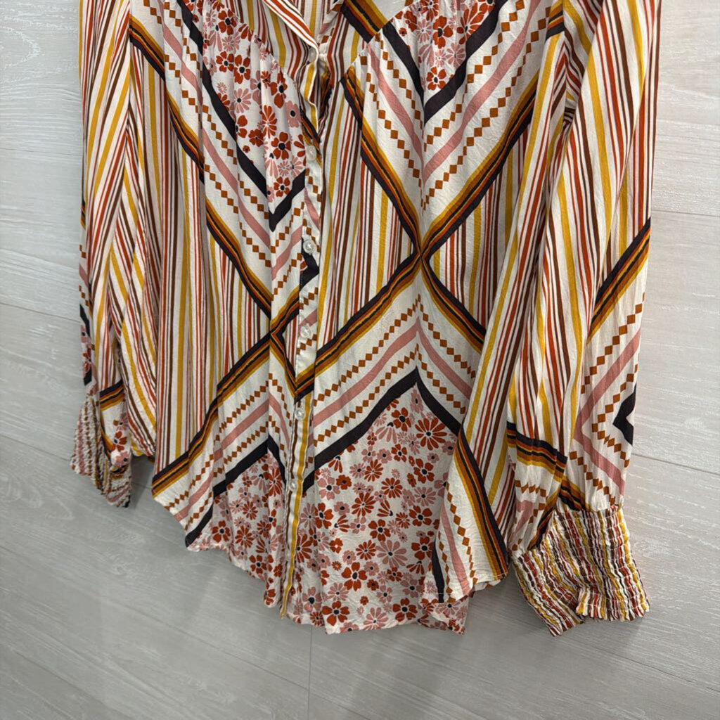 White/ Multi Print Long Sleeve Button Down Top Large
