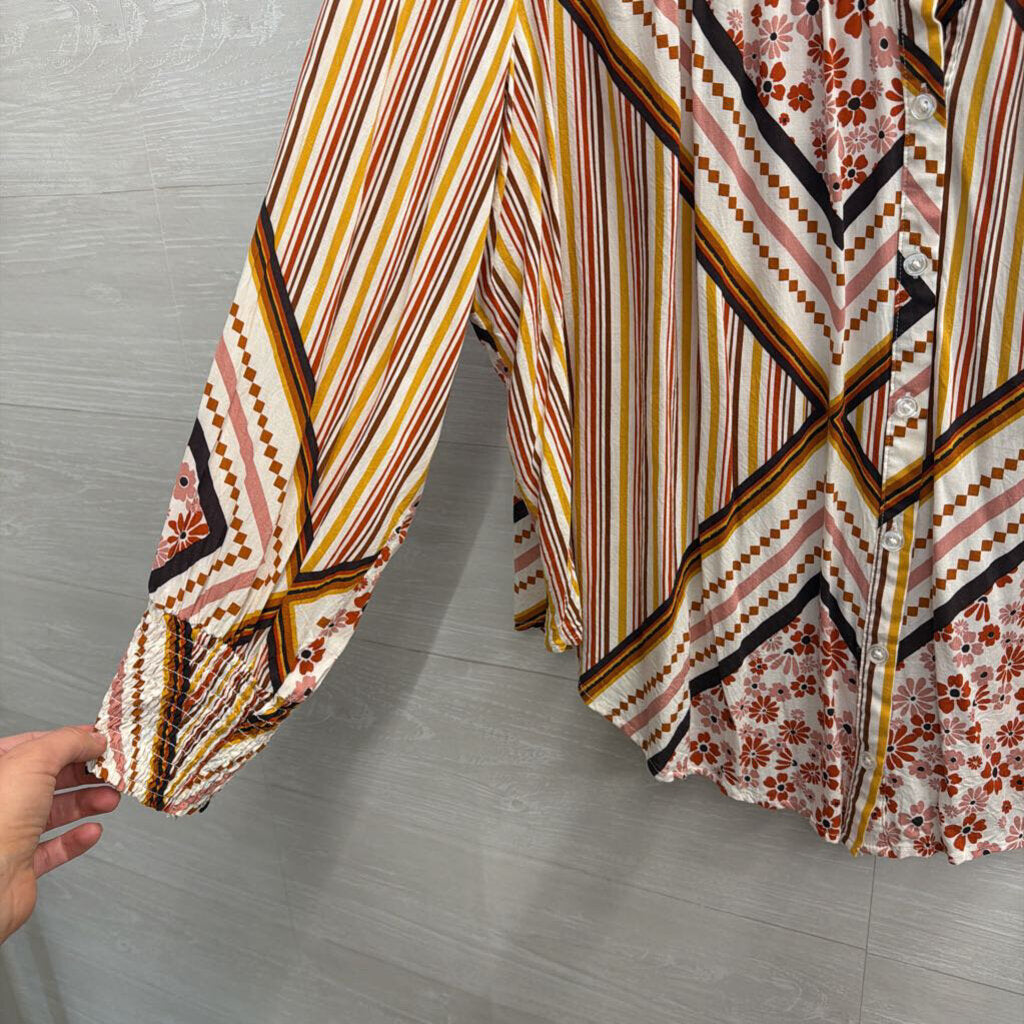 White/ Multi Print Long Sleeve Button Down Top Large