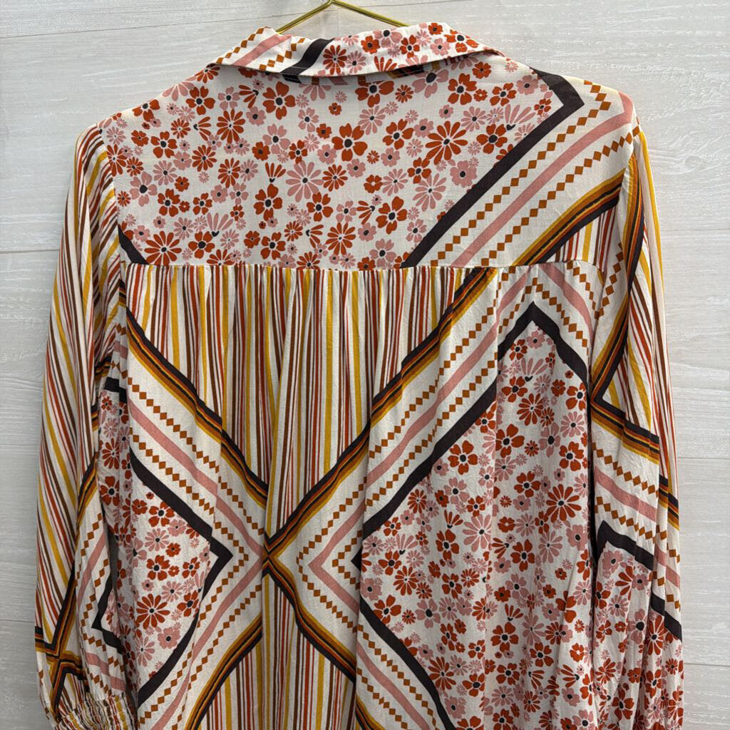 White/ Multi Print Long Sleeve Button Down Top Large