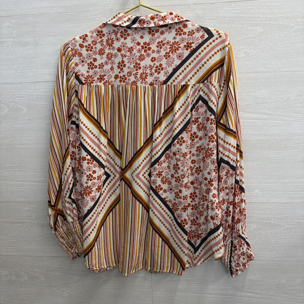 White/ Multi Print Long Sleeve Button Down Top Large