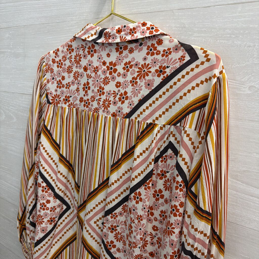 White/ Multi Print Long Sleeve Button Down Top Large