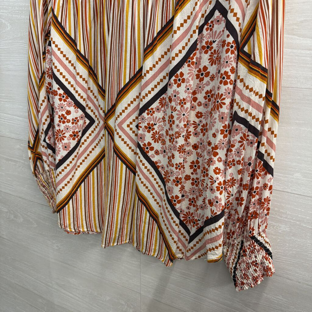 White/ Multi Print Long Sleeve Button Down Top Large