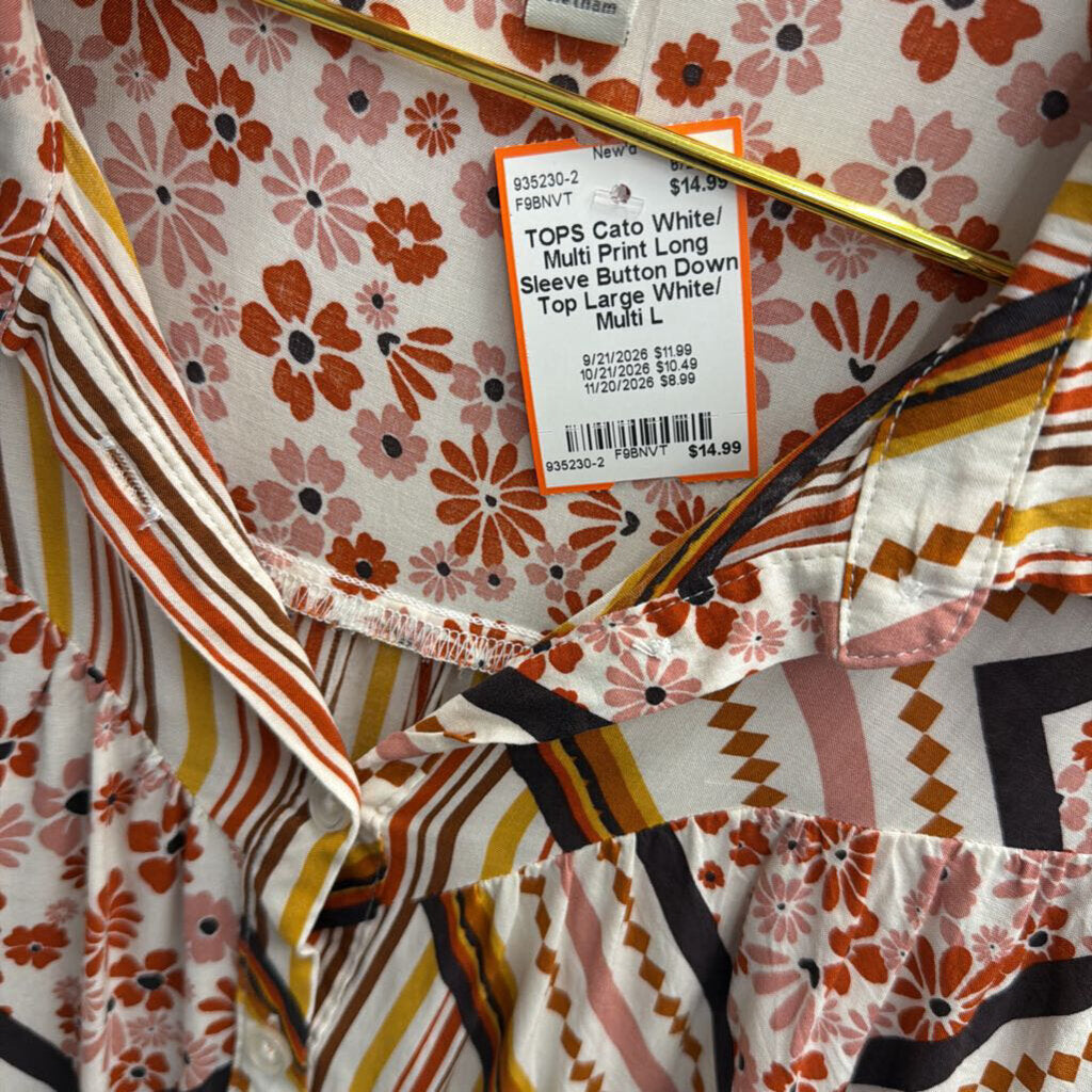 White/ Multi Print Long Sleeve Button Down Top Large