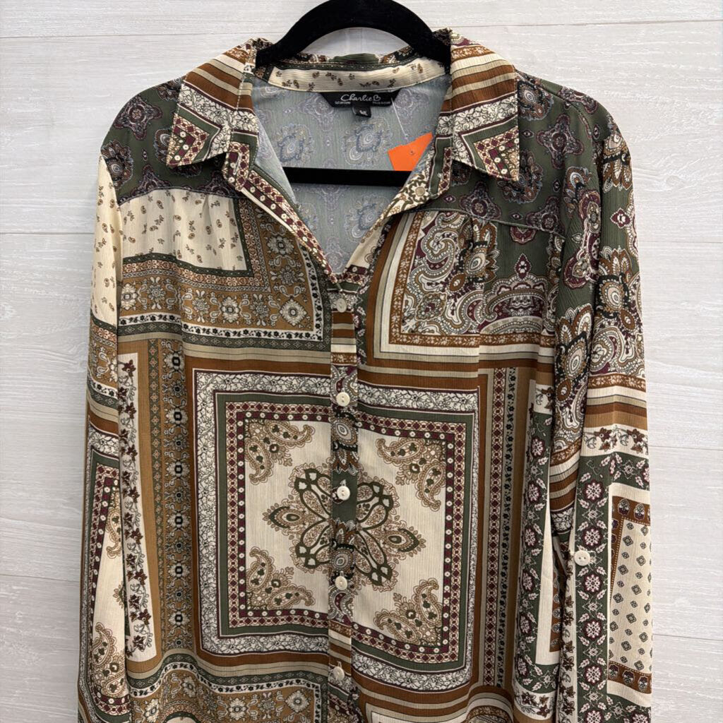 Charlie B Green/ Multi Print Long Sleeve Button Down Top Large