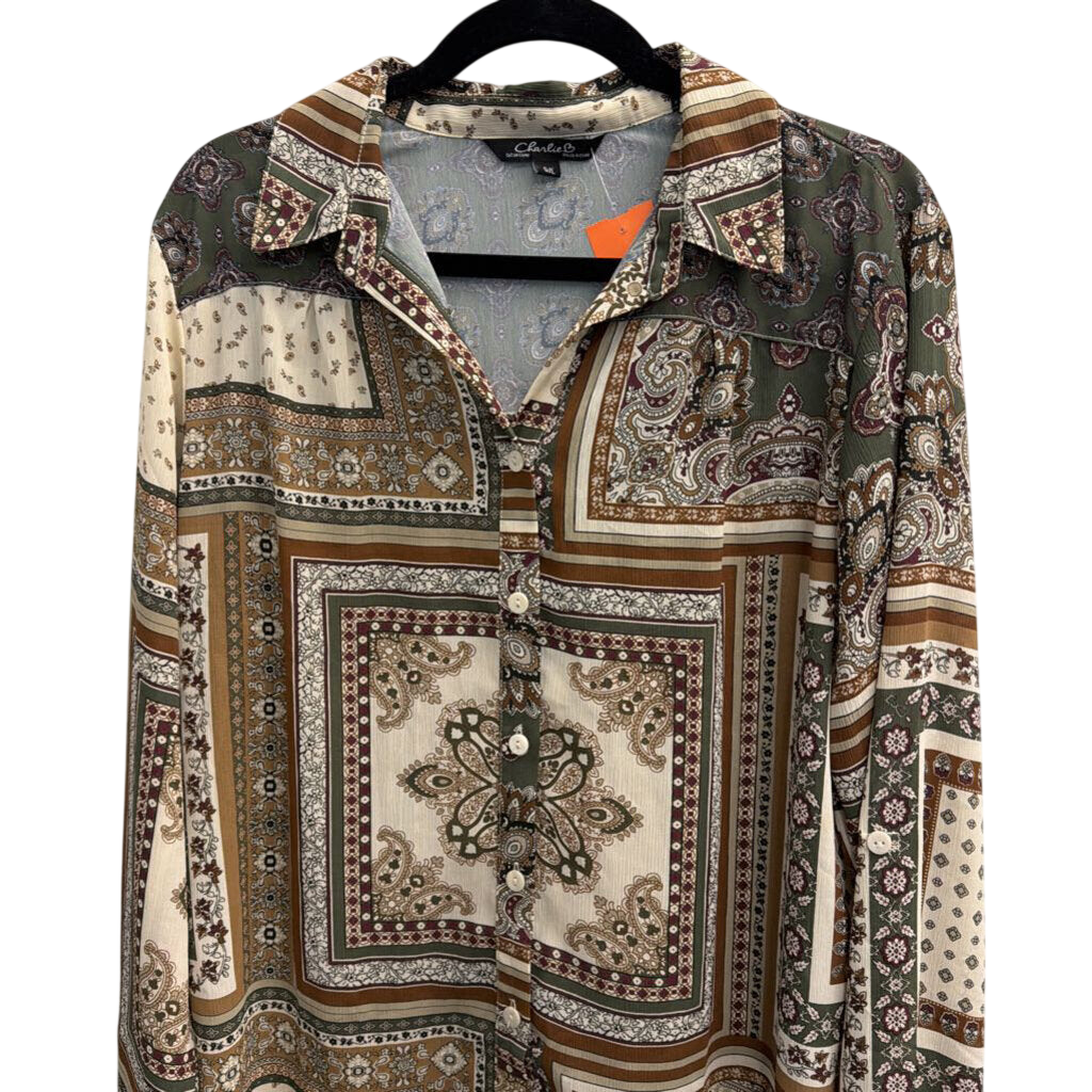 Charlie B Green/ Multi Print Long Sleeve Button Down Top Large
