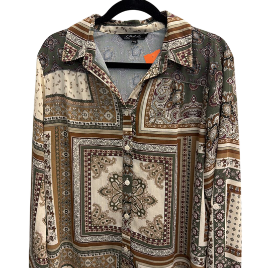 Charlie B Green/ Multi Print Long Sleeve Button Down Top Large